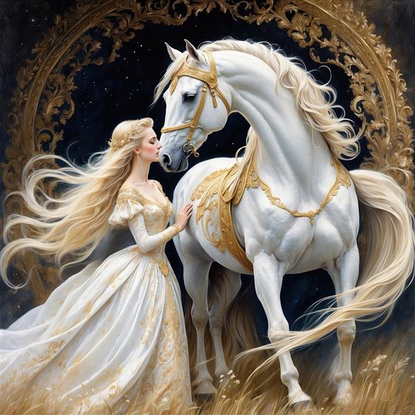 تصویر پرنسس مو بلند در حال بوسیدن اسب سفید