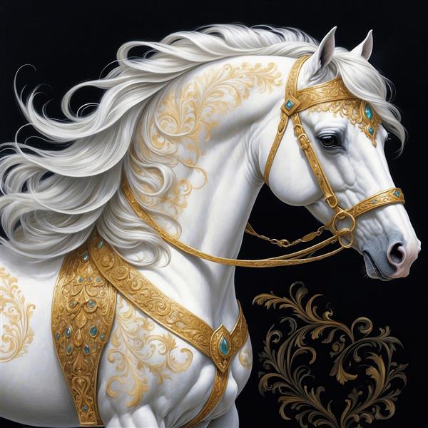 عکس اسب سفید فانتزی با تزیینات طلایی روی بدن