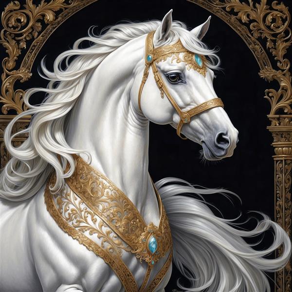 تصویر اسب سفید سلطنتی با یال بلند و تزیینات