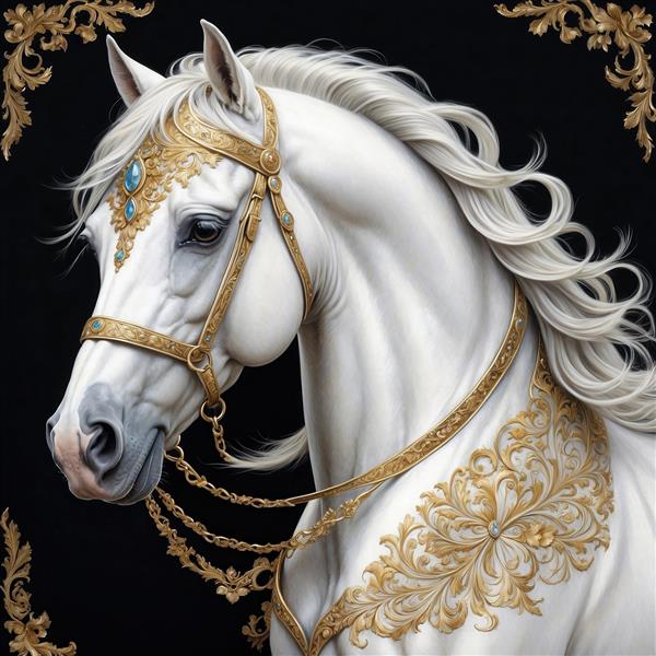عکس اسب سفید فانتزی با افسار طلایی و جواهرات