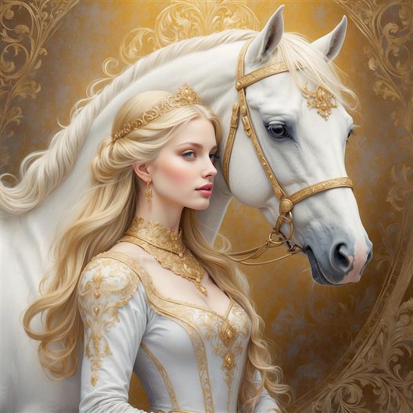 عکس نیم‌رخ پرنسس و اسب سفید با جزئیات بالا