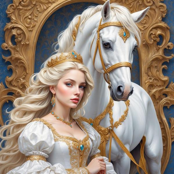 تصویر پرنسس زیبا و اسب سفید با قاب دکوراتیو