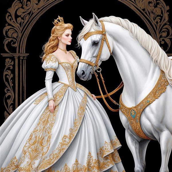 عکس پرنسس با لباس پف‌دار در کنار اسب سفید