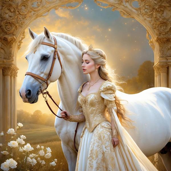 تصویر رویایی پرنسس و اسب سفید در منظره غروب