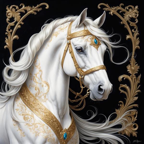 عکس نیم‌رخ اسب سفید فانتزی با تزیینات جواهرنشان