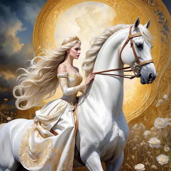 طرح پرنسس با موهای بلند سوار بر اسب سفید