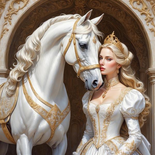 تصویر ملکه زیبا و اسب سفید در قصر فانتزی