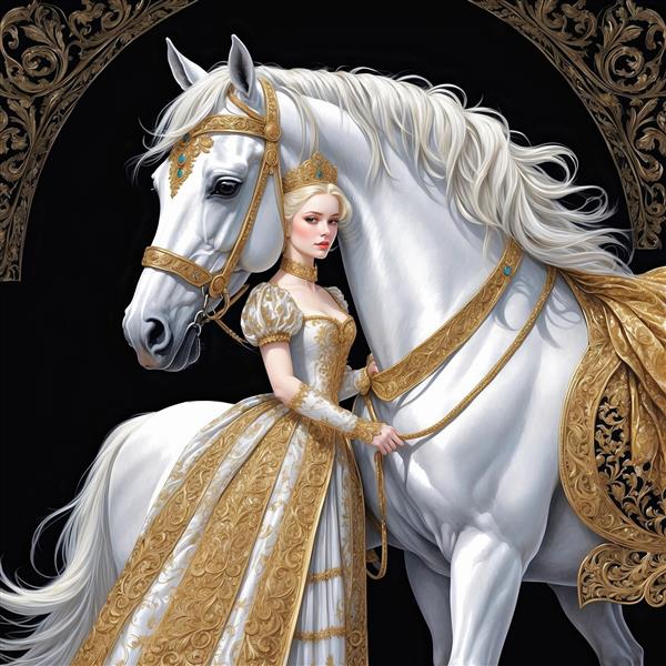 عکس پرنسس با لباس طلایی در کنار اسب سفید