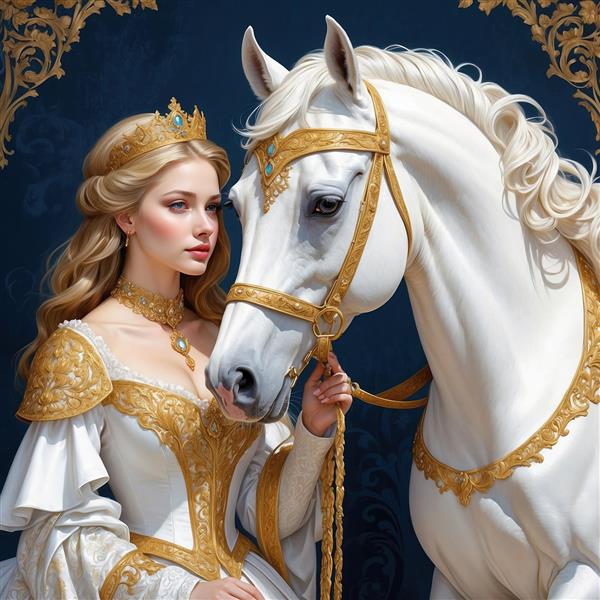 تصویر پرنسس زیبا و اسب سفید فانتزی با جزئیات بالا