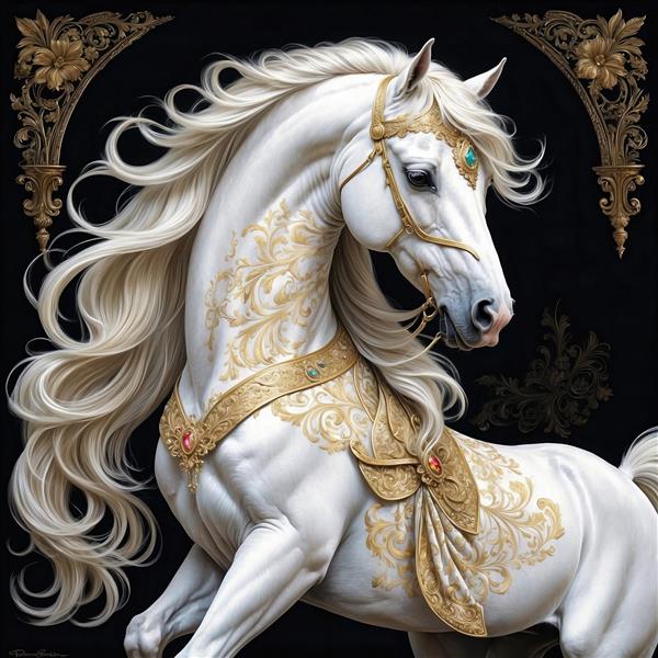 عکس اسب سفید سلطنتی با تزیینات طلایی و یال بلند