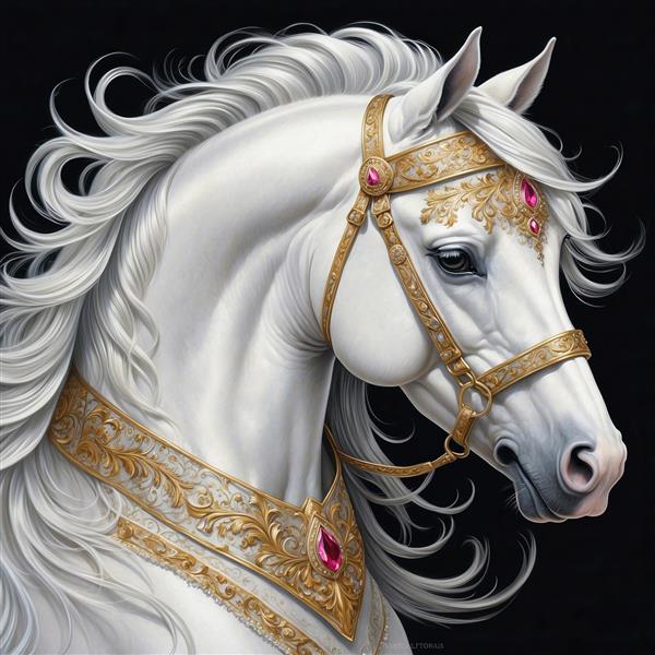 تصویر اسب سفید فانتزی با افسار طلایی و جزئیات بالا