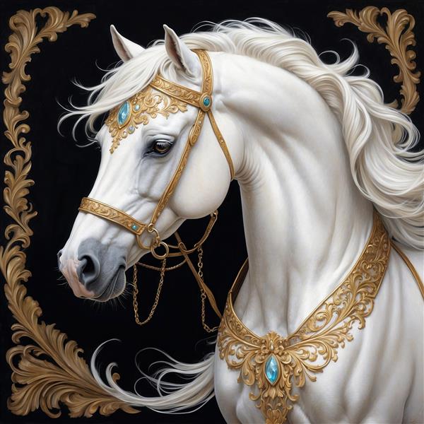 تصویر سر اسب سفید با تزیینات جواهرنشان و طلایی
