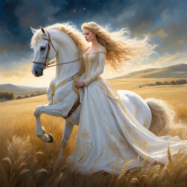 عکس فانتزی پرنسس در گندم‌زار کنار اسب سفید باکیفیت