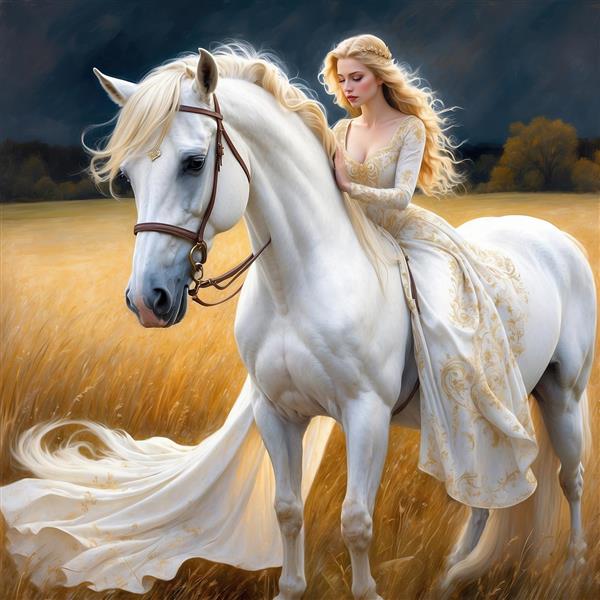 تصویر هنری زن زیبا با لباس بلند روی اسب