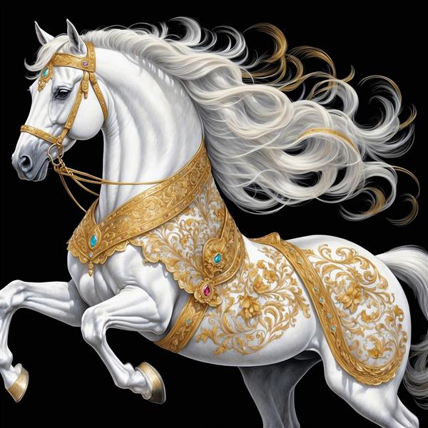 طرح فانتزی اسب سفید با زین و یراق طلایی