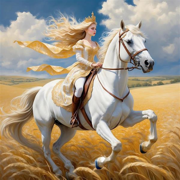 تصویر ملکه با تاج طلایی سوار بر اسب سفید