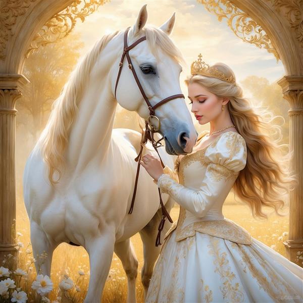 عکس رویایی پرنسس و اسب سفید در فضای فانتزی