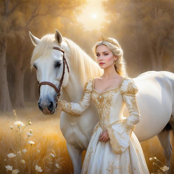 تصویر پرنسس زیبا کنار اسب سفید با جزئیات بالا