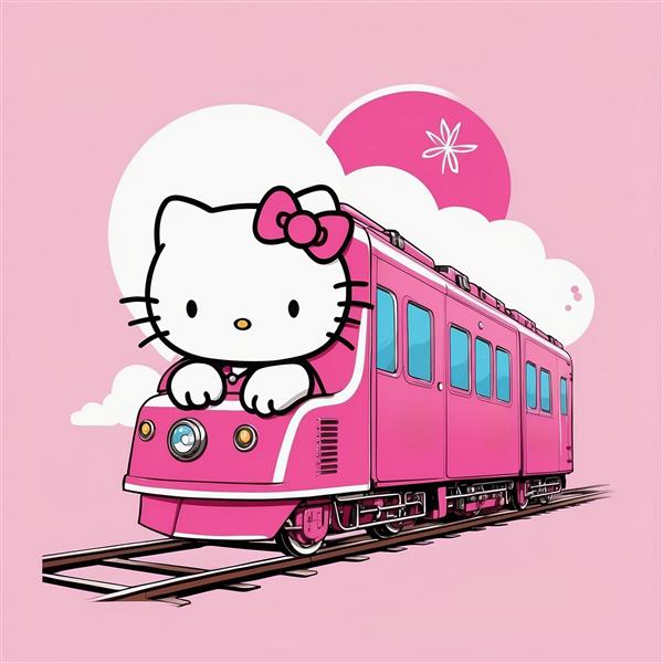 طرح کارتونی قطار کیتی صورتی با ابر و ستاره