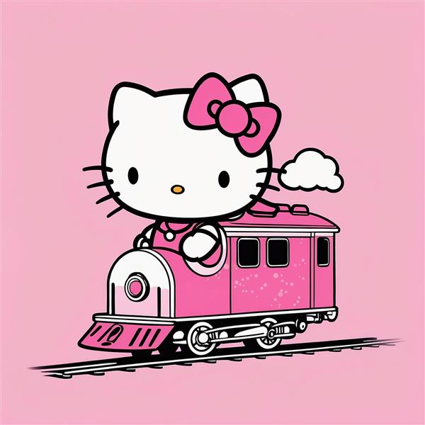 طرح کیتی کارتونی با قطار صورتی کوچک و دود سفید