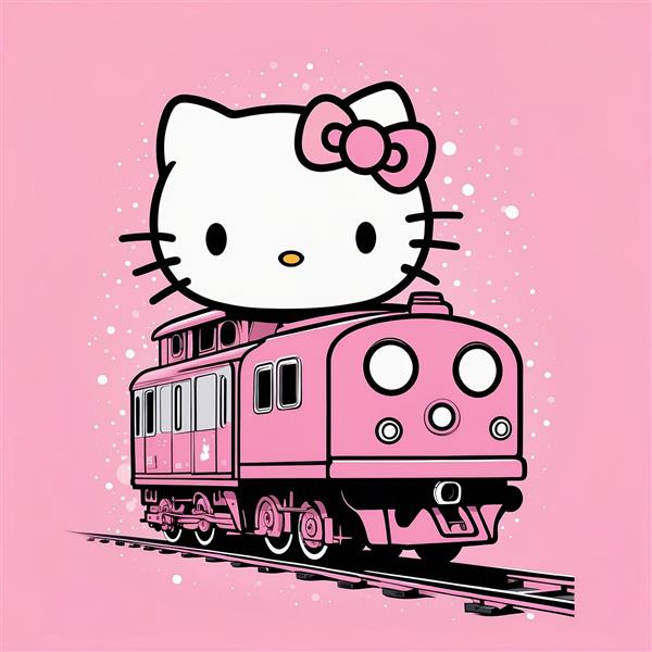 عکس کیتی فانتزی روی لوکوموتیو صورتی با پس‌زمینه نقطه دار