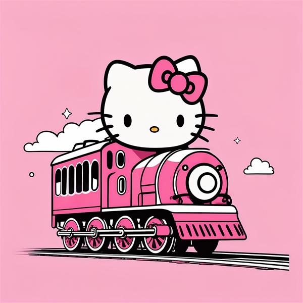 تصویر کیتی کارتونی بزرگ روی سقف قطار صورتی کلاسیک
