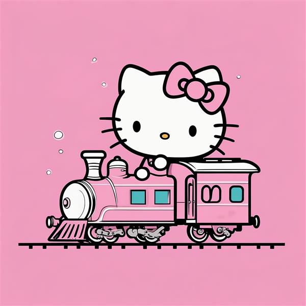 طرح کیتی فانتزی در حال رانندگی قطار صورتی با حباب