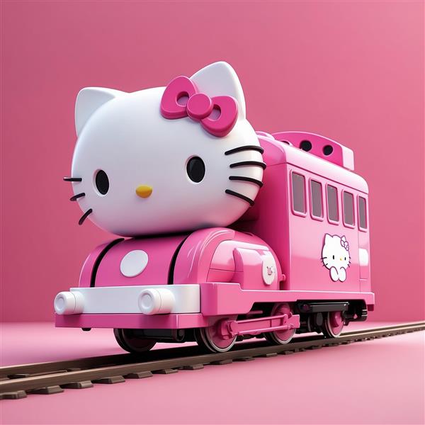 عکس عروسک کیتی فانتزی سه بعدی متصل به قطار صورتی