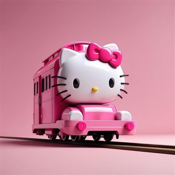 تصویر سه بعدی کیتی فانتزی نشسته روی قطار براق صورتی