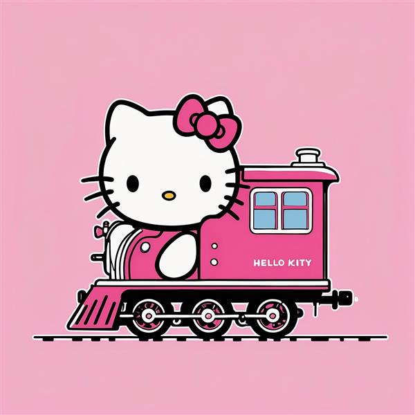 عکس کیتی کارتونی با قطار صورتی و نوشته انگلیسی فانتزی