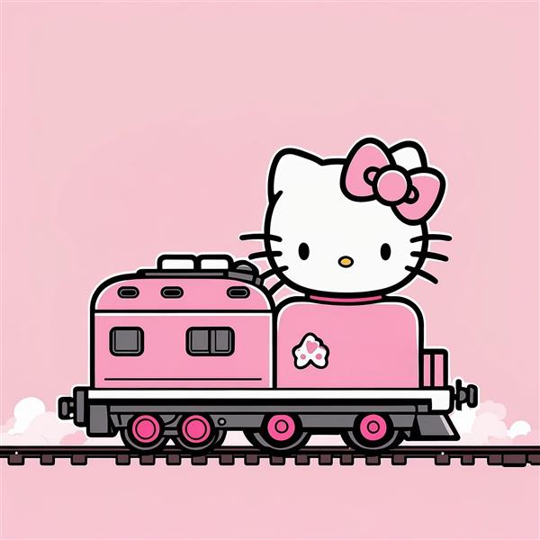 تصویر کیتی فانتزی کنار قطار صورتی مدرن با جزئیات دقیق