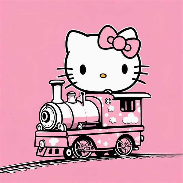 طرح کیتی کارتونی با لوکوموتیو صورتی و طرح ستاره و ابر