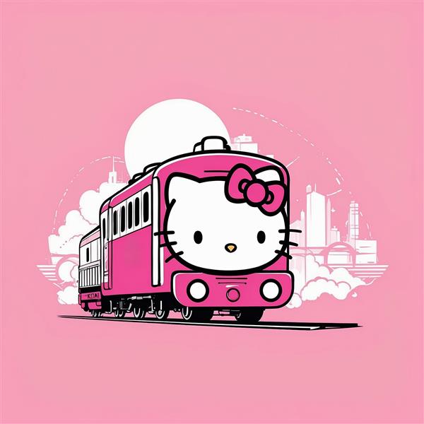 طرح کیتی کارتونی مدرن روی قطار سریع‌السیر در شهر صورتی