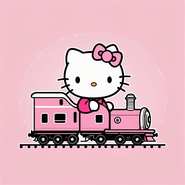 تصویر کیتی فانتزی سوار بر قطار صورتی با جزئیات بالا