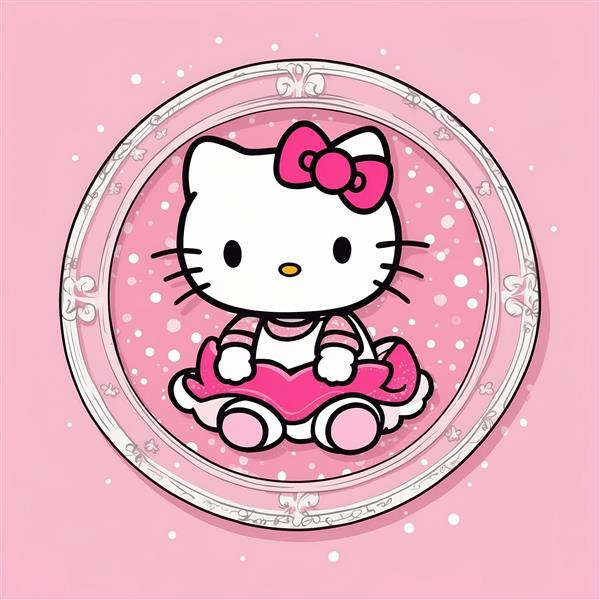 عکس کیتی کارتونی با لباس صورتی فانتزی و قاب نقره‌ای