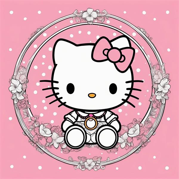 طرح کیتی فانتزی با جزئیات بالا و حاشیه گل‌های سفید