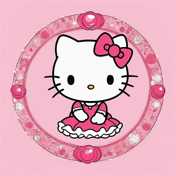 تصویر کیتی کارتونی با لباس پرنسسی صورتی در قاب تزئینی