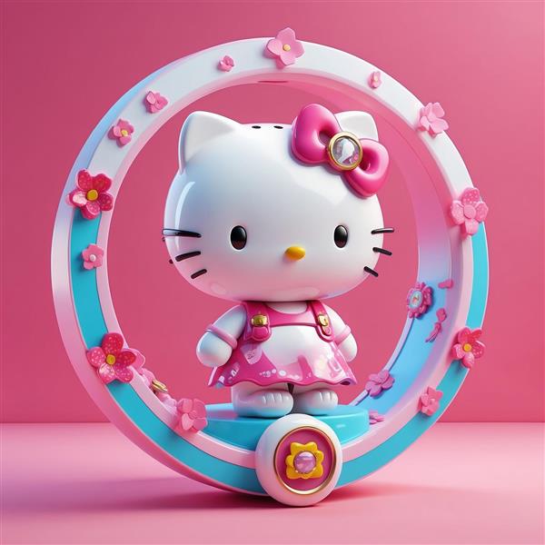 عکس عروسک کیتی فانتزی سه بعدی میان حلقه گل‌های صورتی