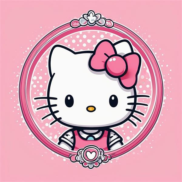 تصویر کیتی فانتزی با پاپیون صورتی در قاب دایره‌ای کلاسیک