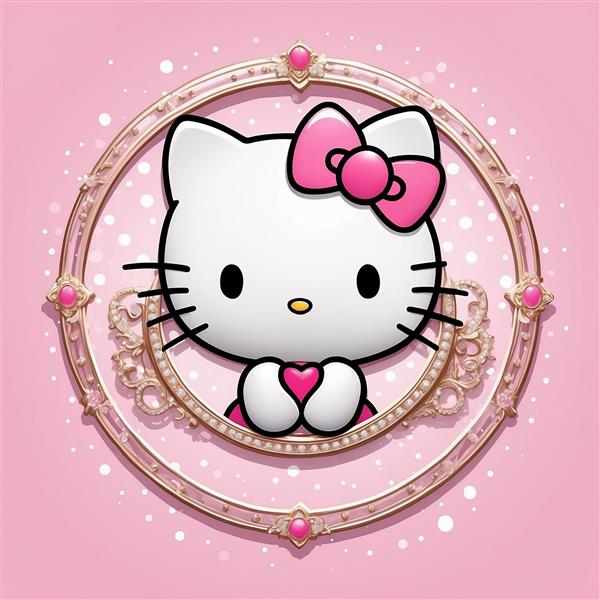 طرح کیتی کارتونی باکیفیت داخل قاب دکوراتیو صورتی و نگین‌دار