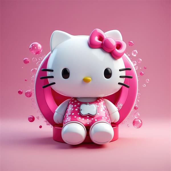 عکس کیتی سه بعدی فانتزی با بدنه براق و حباب‌های صورتی