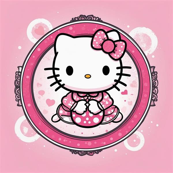 طرح هلو کیتی کارتونی با لباس خال‌خالی و قاب فانتزی