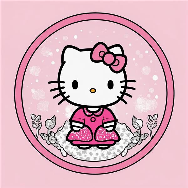 تصویر هلو کیتی فانتزی با پیراهن گلدار در کادر صورتی