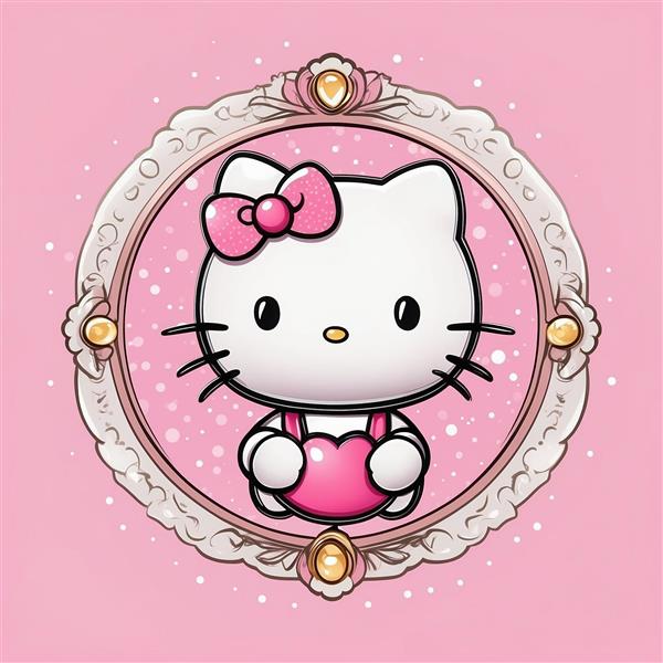 عکس هلو کیتی کارتونی مینیمال با قلب صورتی داخل قاب