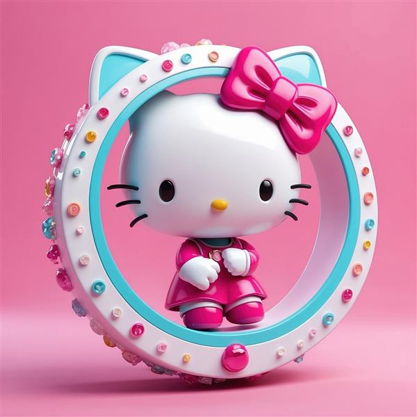 طرح هلو کیتی فانتزی داخل قاب دایره‌ای رنگارنگ و براق