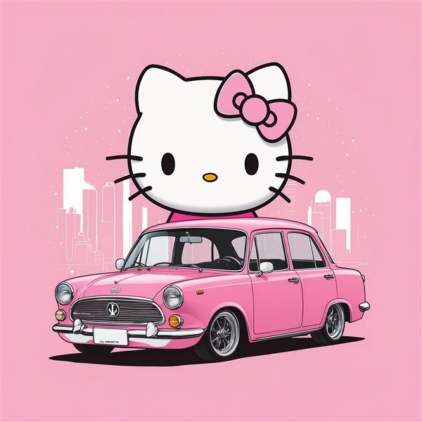 طرح گرافیکی هلو کیتی با ماشین صورتی و نمای ساختمان‌ها