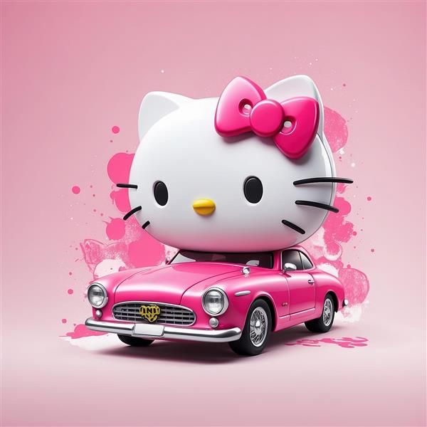 عکس هلو کیتی کارتونی باکیفیت سوار بر ماشین کلاسیک صورتی
