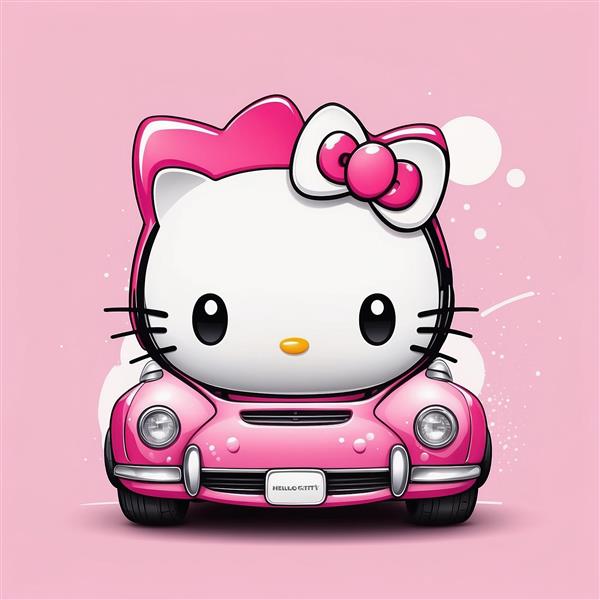 عکس هلو کیتی فانتزی با ماشین صورتی اسپرت