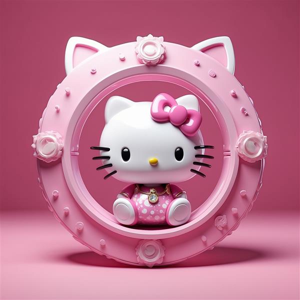 عکس هلو کیتی نشسته در قاب فانتزی گل‌دار