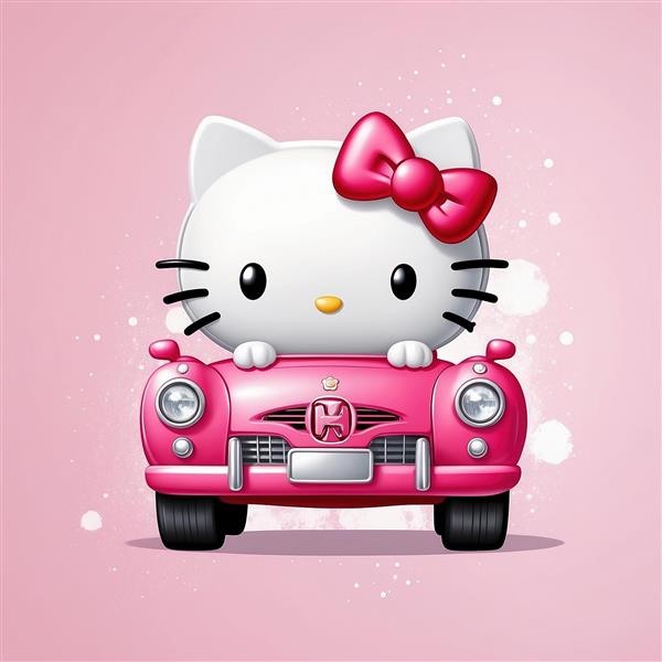 طرح کارتونی هلو کیتی سوار بر ماشین کلاسیک صورتی